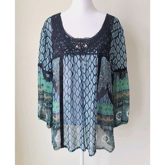 Bila Boho Sheer Blouse Size Large Peasant Crochet Festival Puff Sleeves - Picture 1 of 9